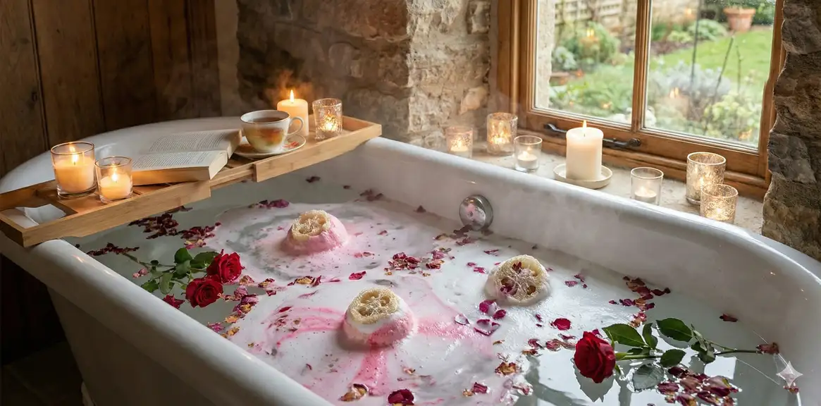 Luxurious loofah bath bombs in spa setting with water