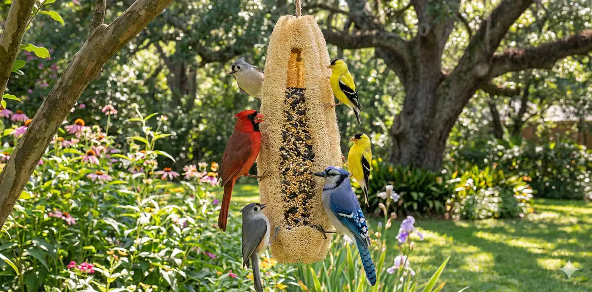 Colorful birds feeding from natural loofah feeder outdoors