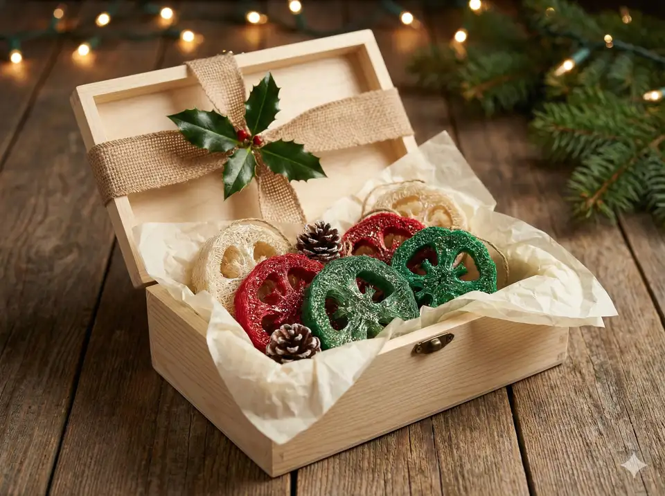Elegant box containing assorted handmade loofah ornaments with tissue paper for holiday gifting