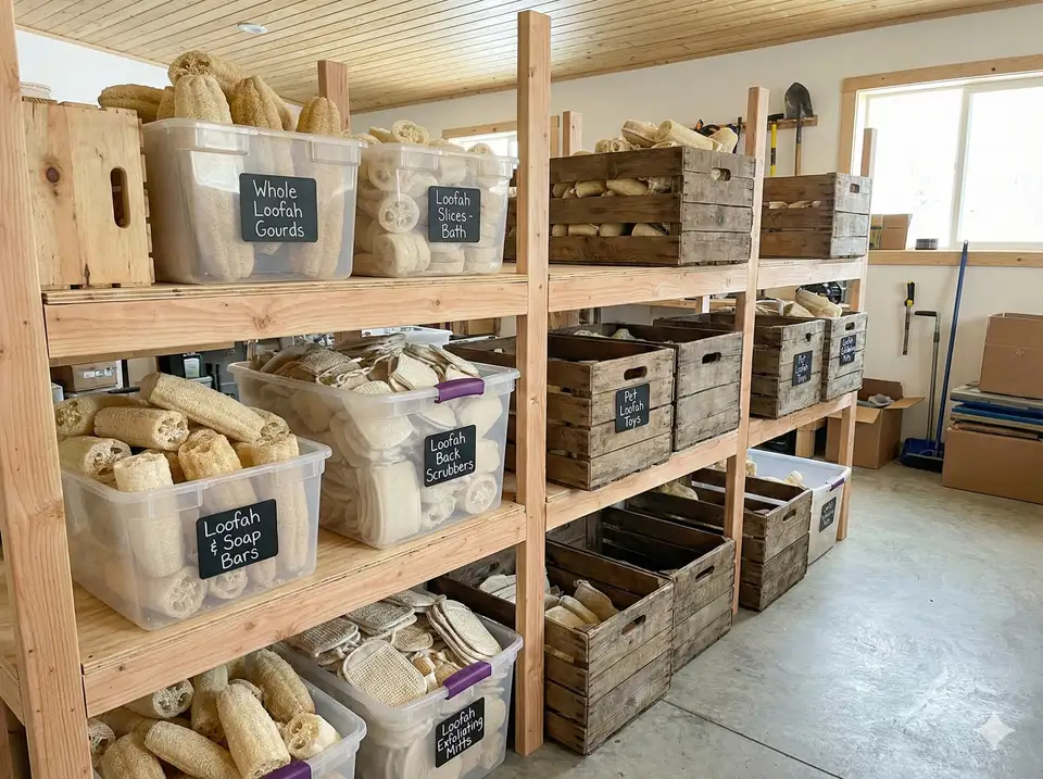 Organized storage system for finished loofah crafts