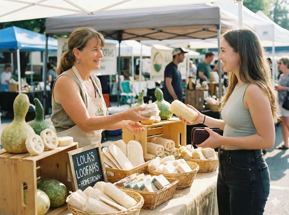 Customer purchasing loofah products at market booth