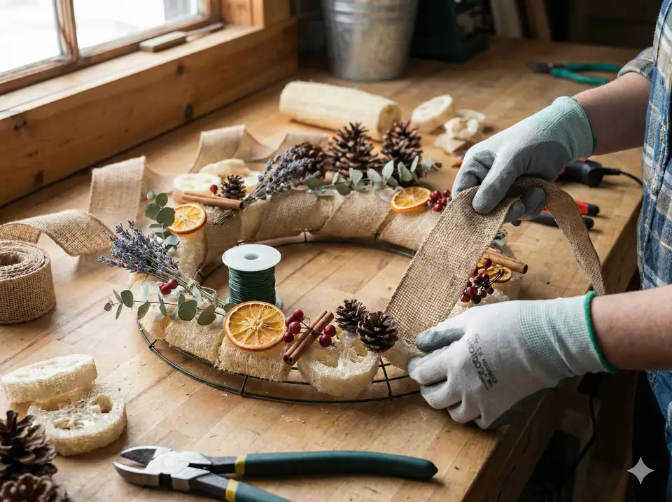 Adding dried flowers and ribbon to loofah wreath