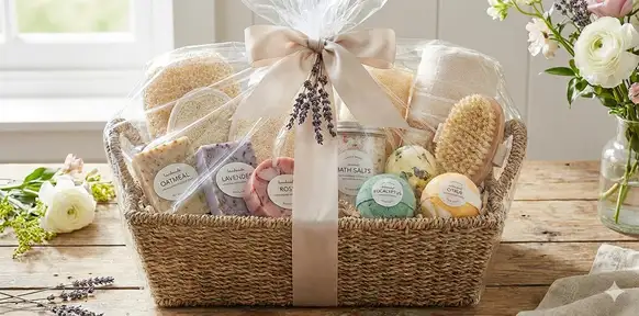 Luxurious spa gift basket with loofah products