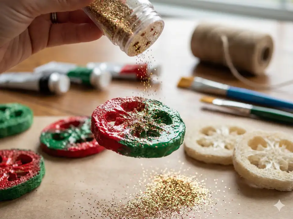 Sprinkling biodegradable glitter over wet paint on loofah ornament for festive shimmer