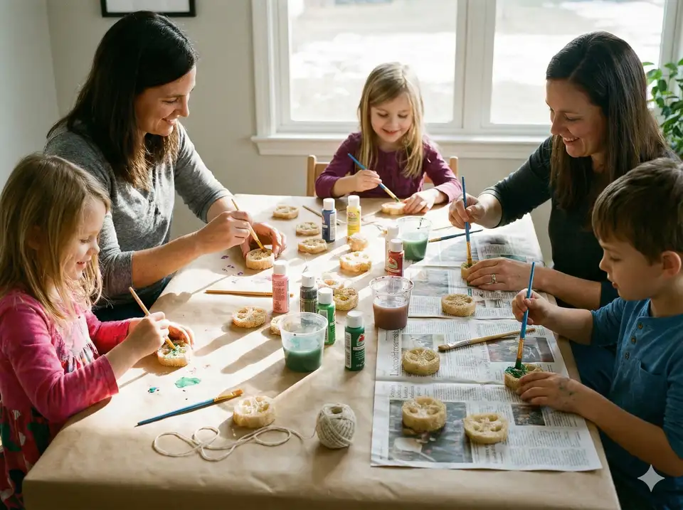 Family craft time with kids painting loofah slices for ornaments or decorations on protected table surface