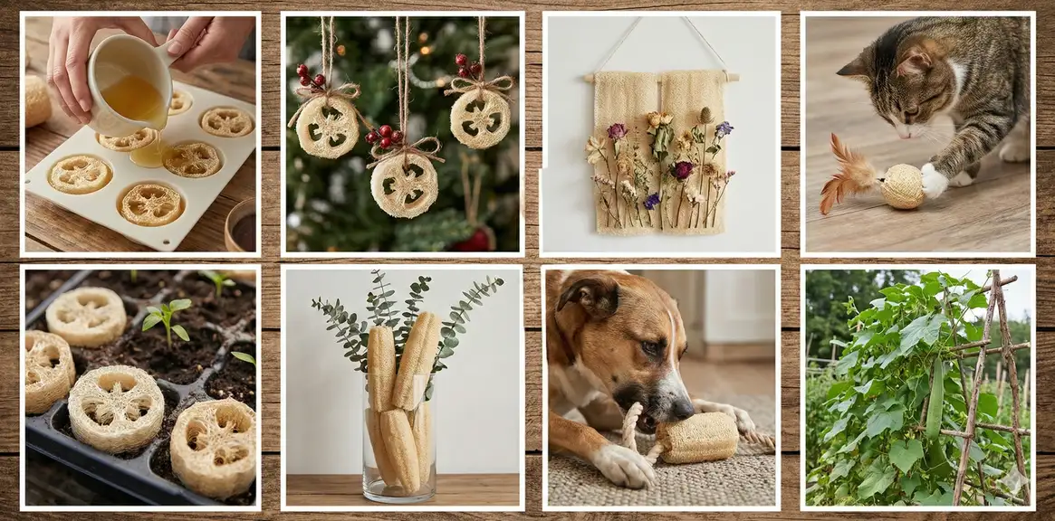 Grid collage showing different loofah craft project examples