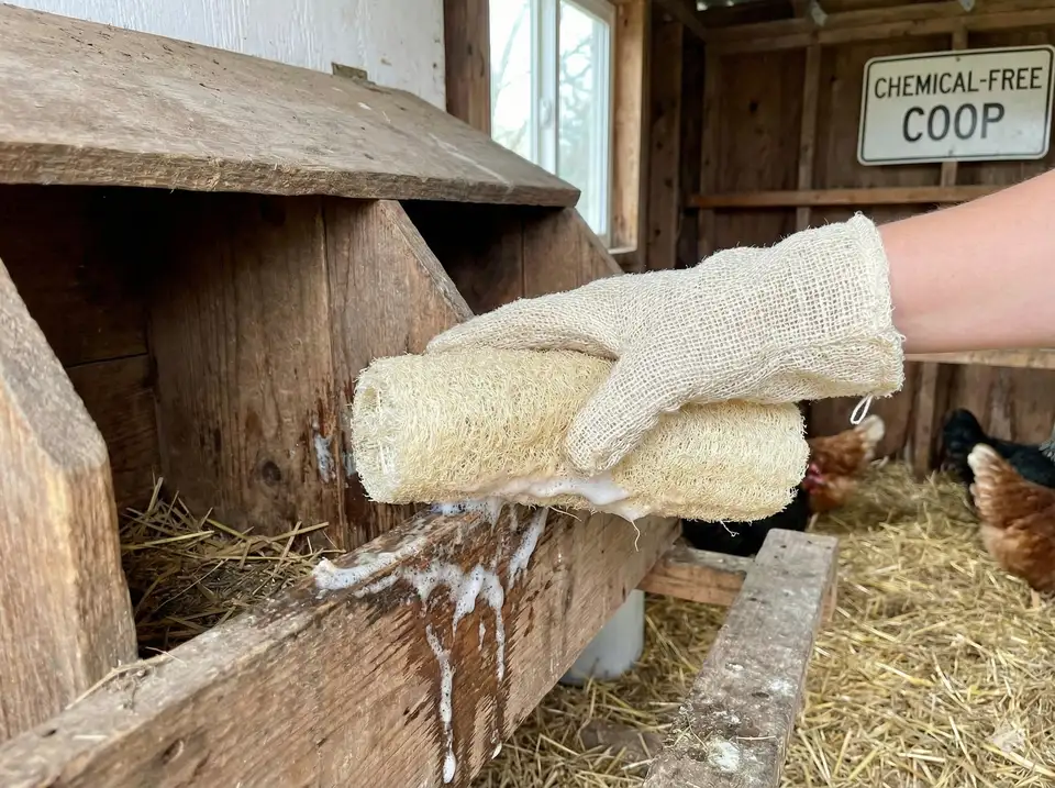 Using loofah to clean chicken nesting boxes naturally