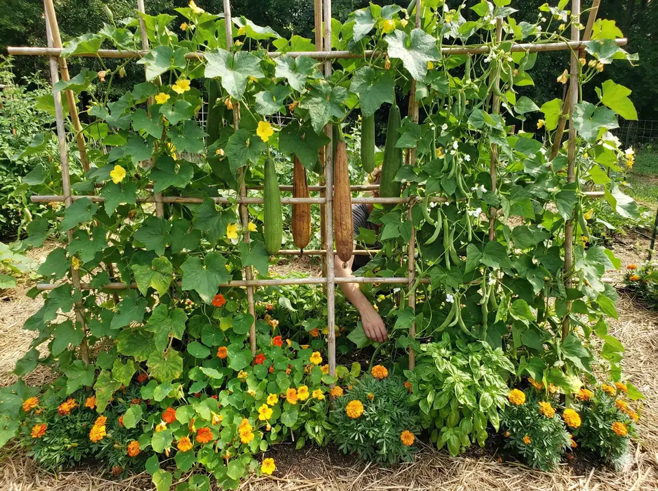 Loofah growing with beans and other companion plants