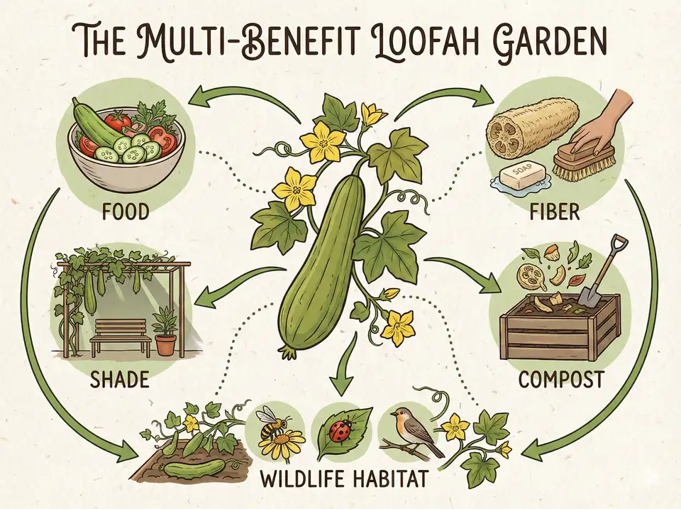 Diagram showing loofah's many permaculture functions