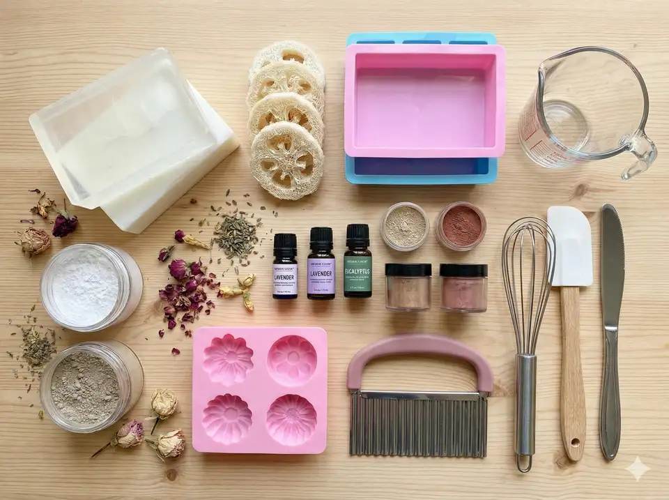 Organized flat lay of melt-and-pour soap base, dried loofah slices, molds, essential oils, colorants, and tools
