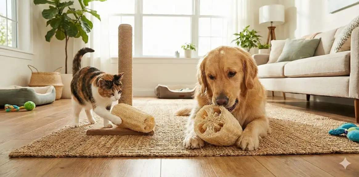 Happy pets playing with homemade loofah toys