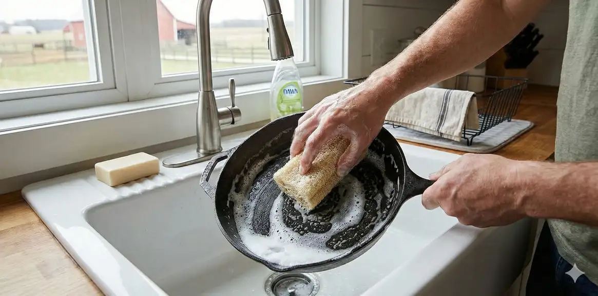 Natural loofah pot scrubbers cleaning dishes at sink