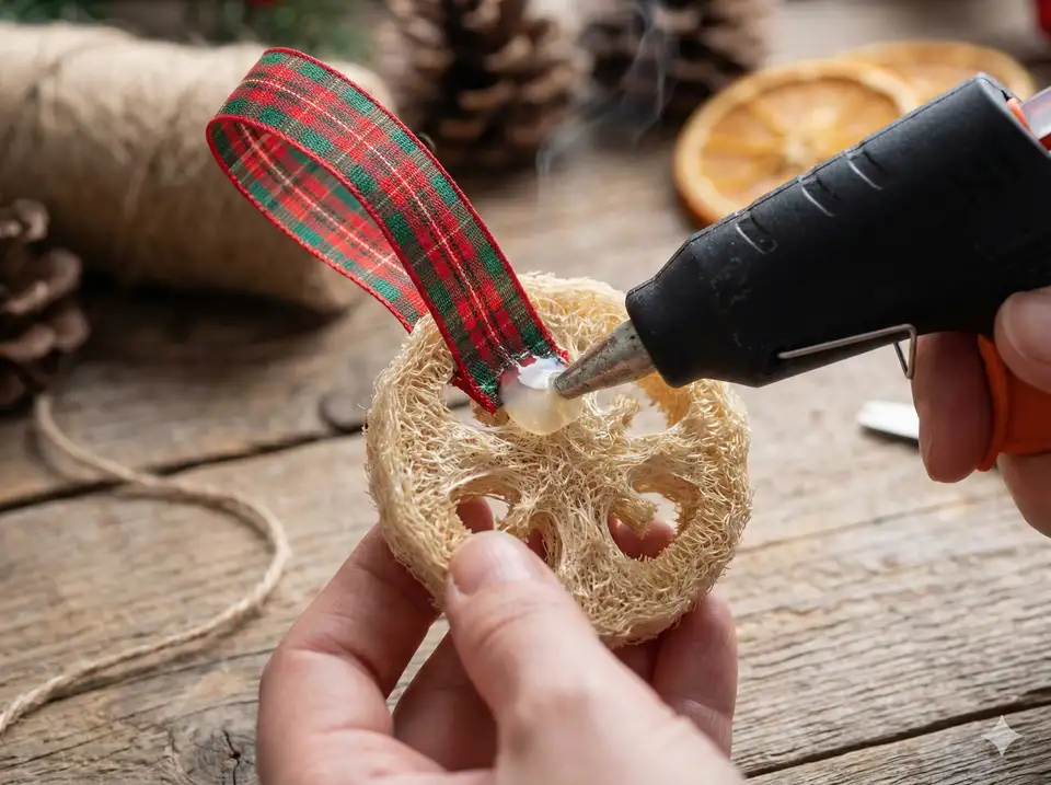 Close-up of hot glue gun securing festive ribbon loop to back of loofah ornament