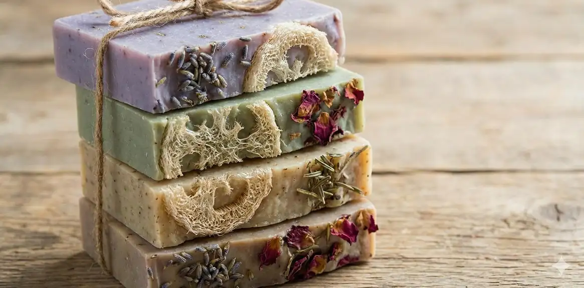 Beautiful handmade loofah soap bars stacked artfully with botanicals