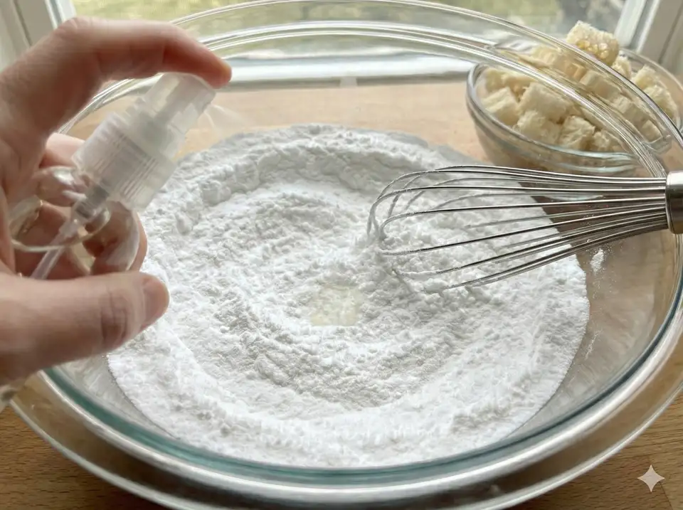 Spraying witch hazel to dampen bath bomb mixture to right consistency