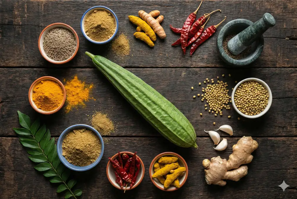 Curry spices turmeric cumin coriander arranged with fresh luffa