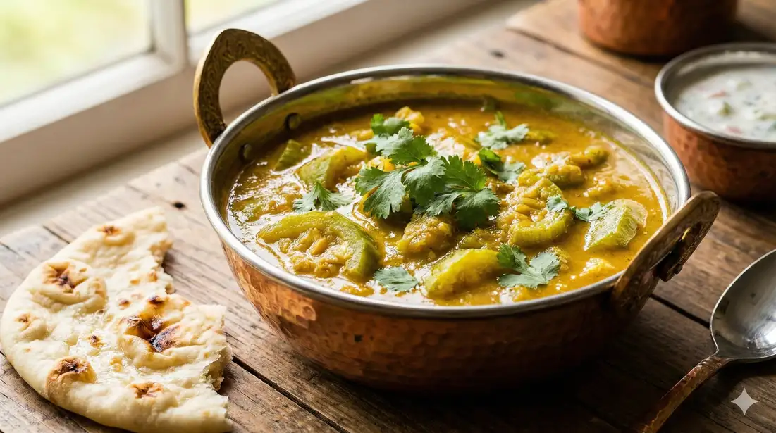 Luffa curry with Indian spices in traditional copper bowl