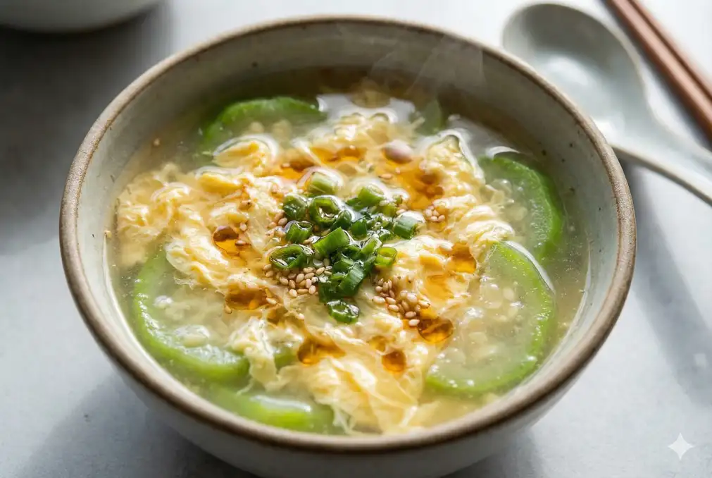 Luffa egg drop soup with delicate egg ribbons floating in broth