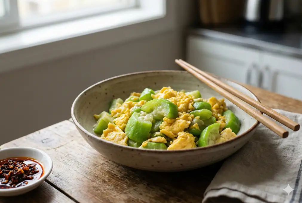 Home-style luffa and egg stir fry served over steaming white rice