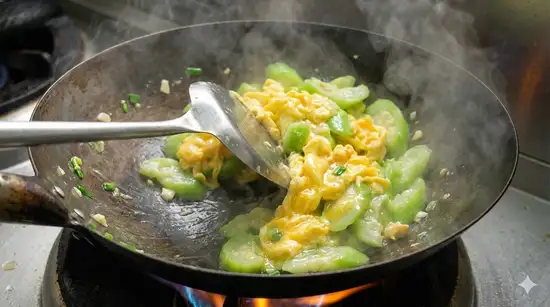 Luffa and eggs being scrambled in a wok