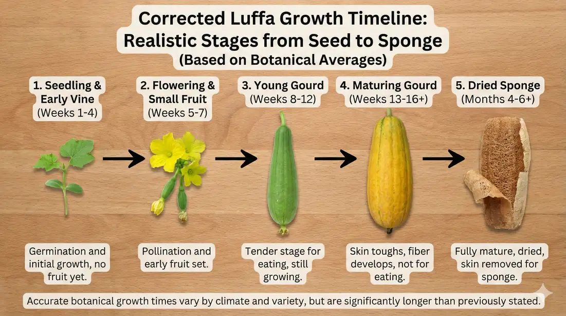 Timeline showing luffa growth from edible to sponge stage