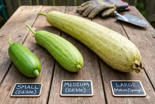Different luffa growth stages showing when to harvest for eating