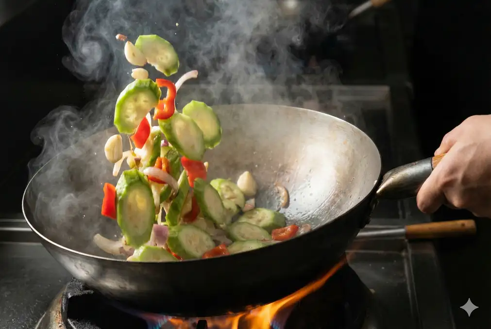 Luffa pieces being tossed in wok during stir-fry cooking