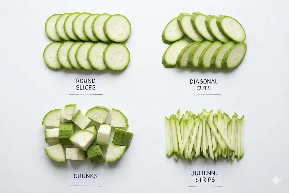 Various luffa cutting styles displayed - rounds chunks diagonal strips