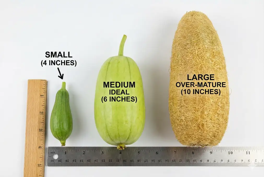 Different sizes of luffa gourds showing ideal eating size vs too mature