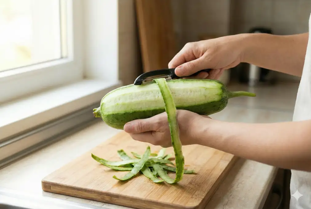 Hands using vegetable peeler to remove ridged skin from young luffa
