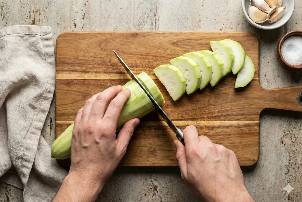 Luffa being sliced into uniform pieces with chef knife