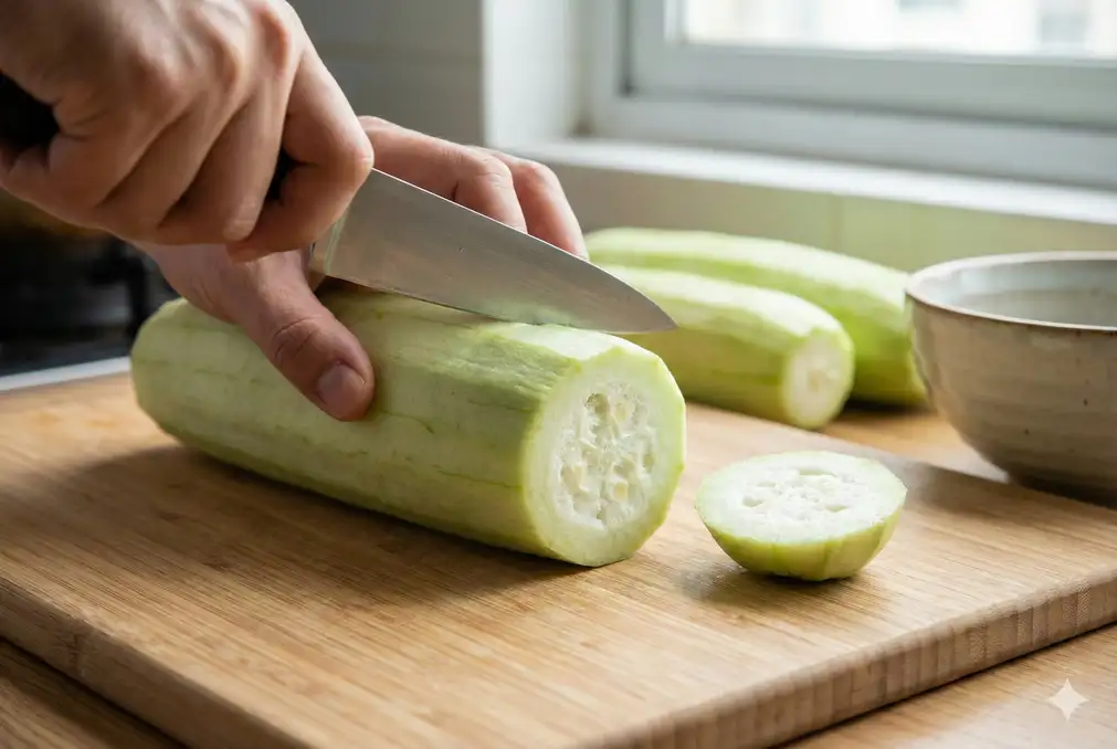 Trimming both ends off luffa gourd with chef knife
