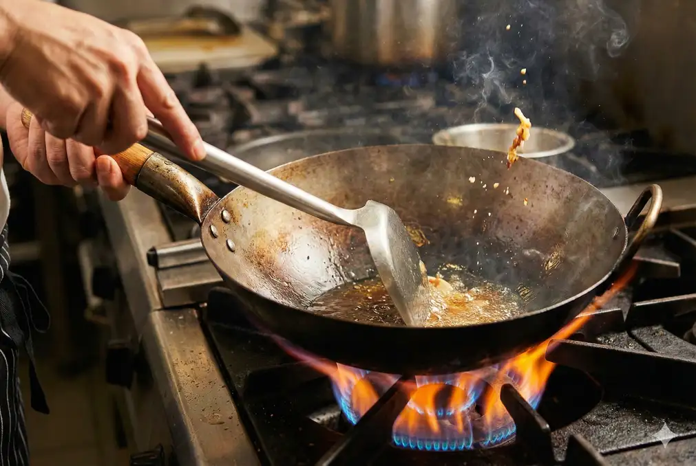 Carbon steel wok on high heat with oil shimmering ready for stir-fry