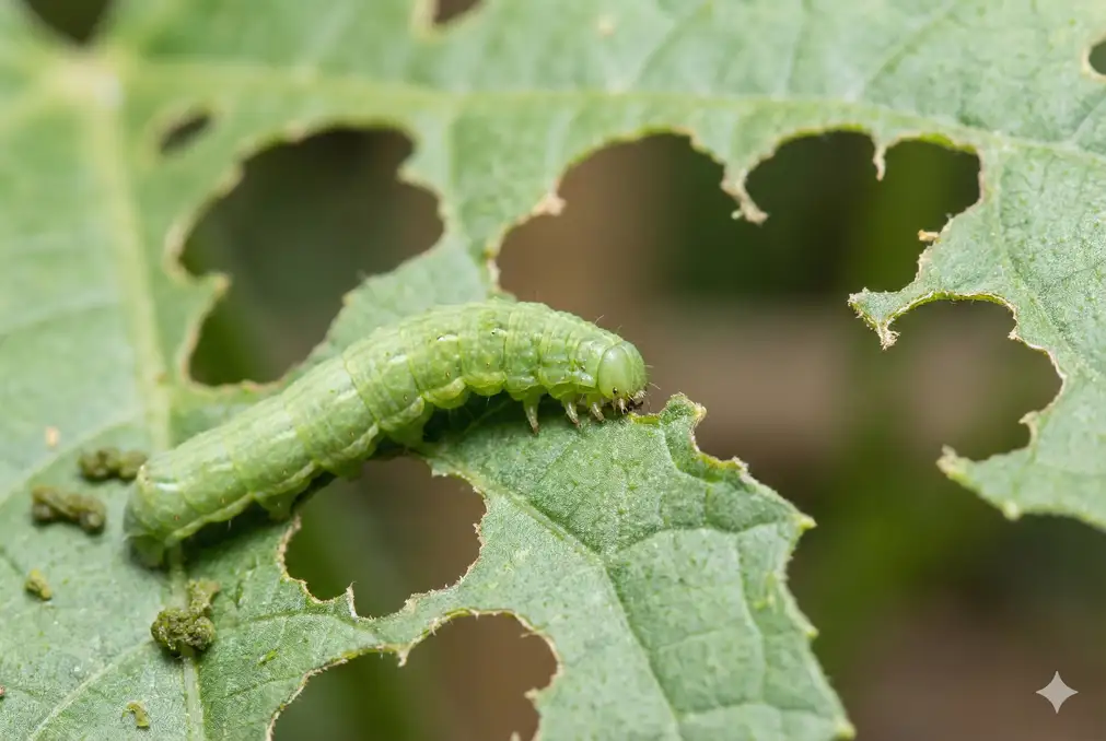 Caterpillar damage showing chewed holes in loofah leaves