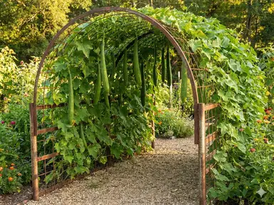 Arched cattle panel trellis creating tunnel or arbor covered with luffa vines