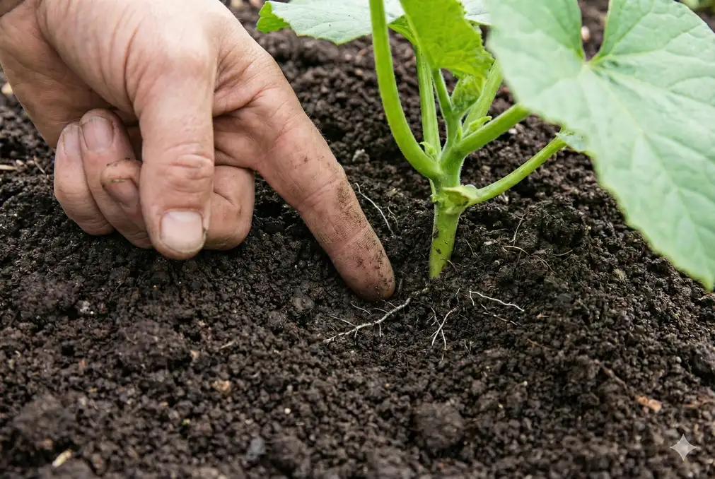 Gardener testing soil moisture by inserting finger into soil near luffa plant roots