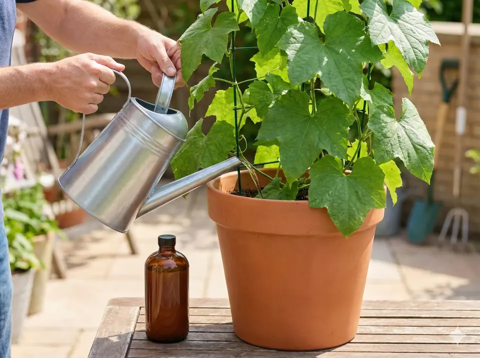 Hand applying liquid fertilizer to container-grown luffa plant for nutrition