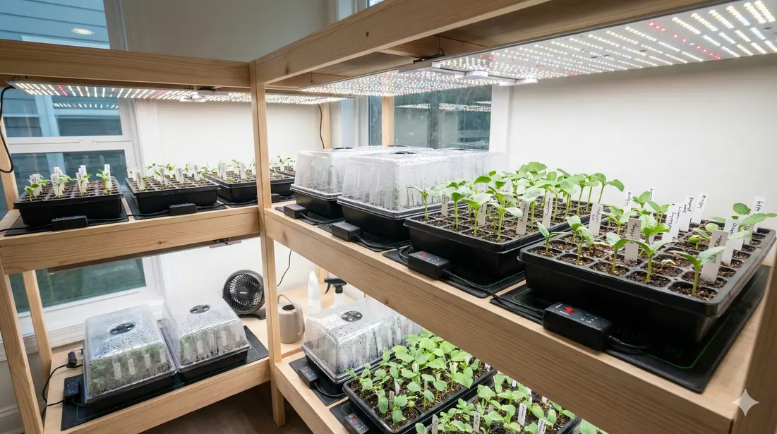 Indoor seed starting station with grow lights, luffa seedlings in trays under controlled growing conditions