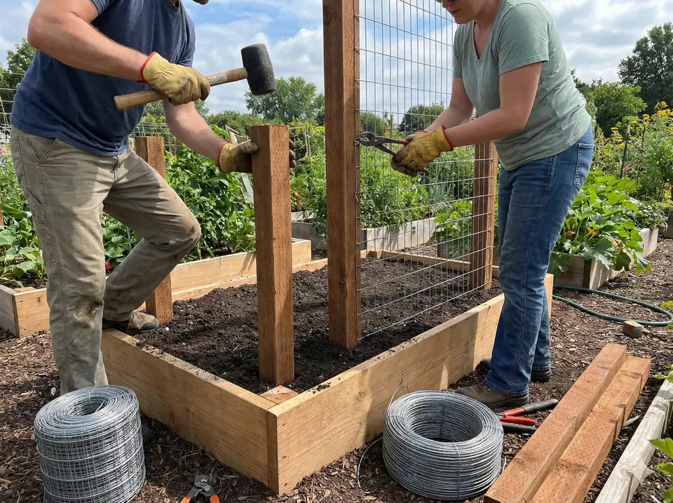Sturdy trellis structure being installed in garden bed before luffa planting