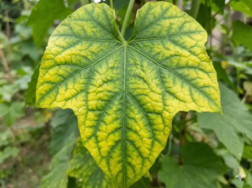 Iron chlorosis in loofah showing interveinal yellowing pattern