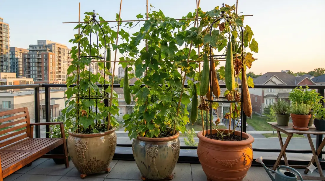 Large container garden with luffa vines on balcony or patio with trellis showing successful urban growing setup