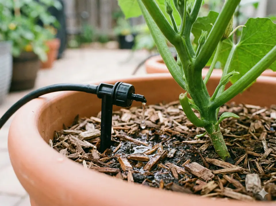 Container-grown luffa with drip irrigation system providing consistent water