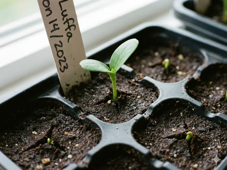 First luffa seedling emerging from soil breaking through seed starting mix