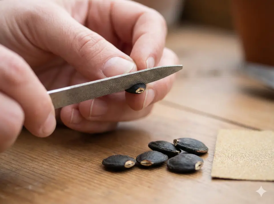 Luffa seeds being scarified with nail file or sandpaper for faster germination