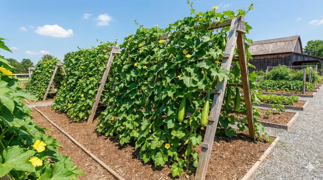 Established luffa plants growing in traditional garden rows with full sun exposure and healthy foliage