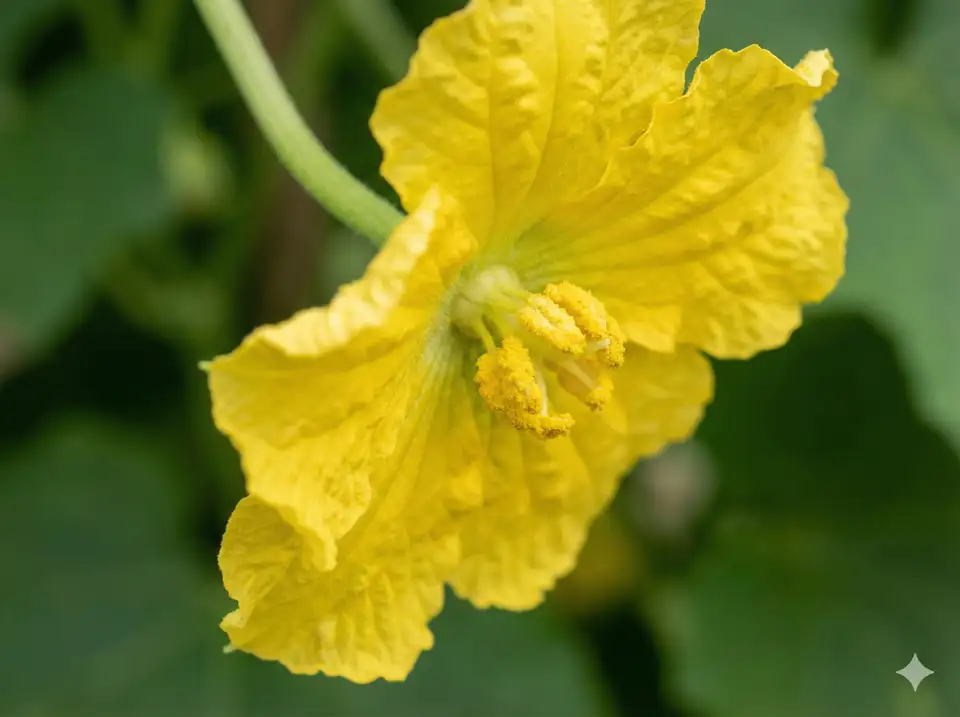 Male loofah flower with thin stem and no fruit behind petals