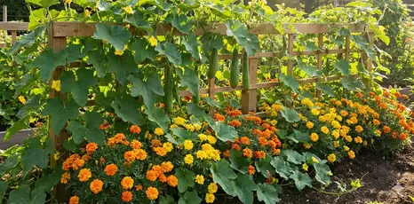 Marigolds companion planting with loofah