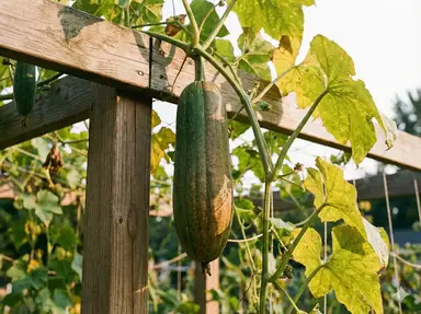 Full-sized mature luffa gourd hanging from vine ready to dry and cure
