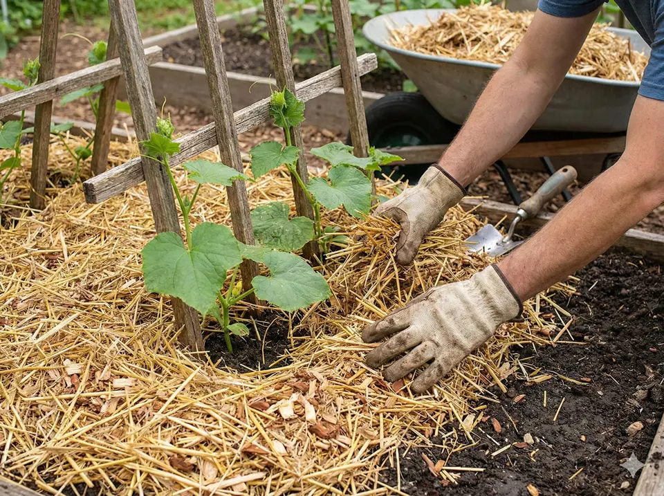 Organic mulch applied around luffa plants to conserve moisture and suppress weeds