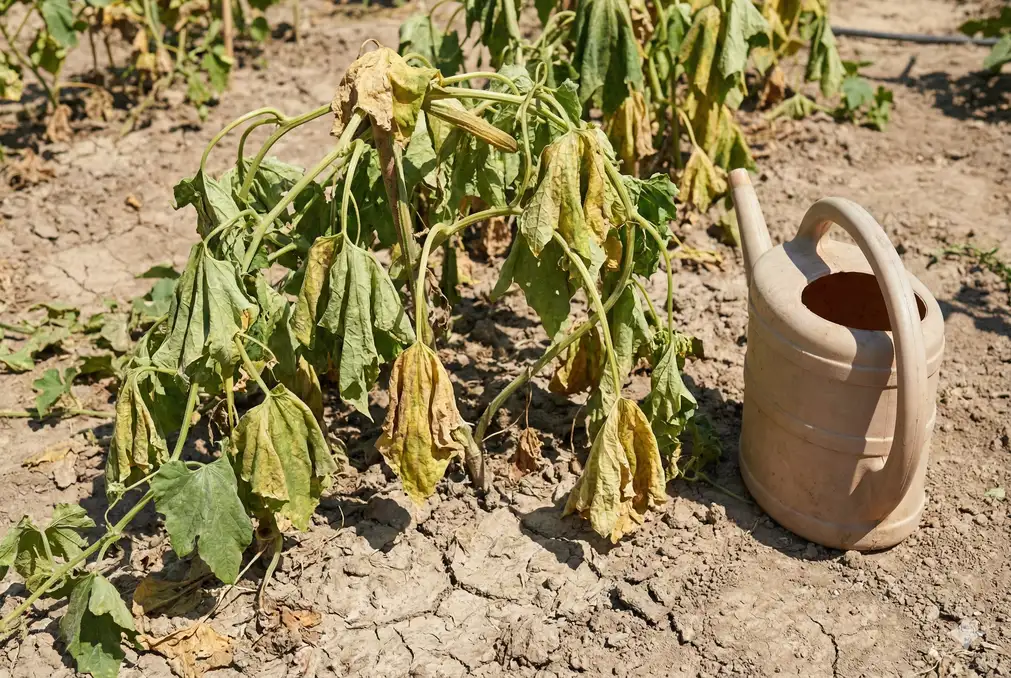 Loofah plant showing drought stress from neglected watering